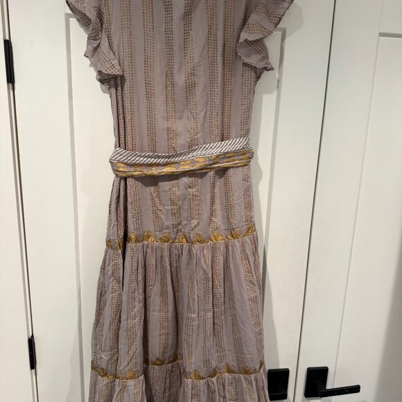 Oliphant Grey and Gold Flutter Sleeve  Belted Dress - Picture 11 of 14